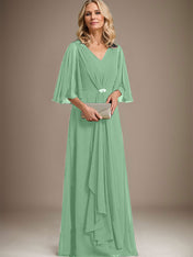 A-line V-Neck Floor-Length Chiffon Mother of the Bride Dress With Cascading Ruffles Crystal Brooch