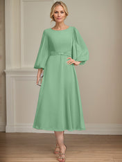 A-line Scoop Tea-Length Chiffon Mother of the Bride Dress With Crystal Brooch Pleated