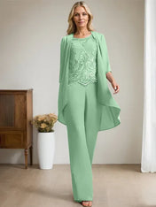 Separates Jumpsuit/Pantsuit Scoop Floor-Length Chiffon Lace Mother of the Bride Dress With Beading Sequins