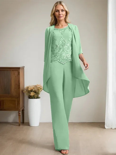 Pantsuit Scoop Floor-Length Chiffon Lace Mother of the Bride Dress With Beading Sequins