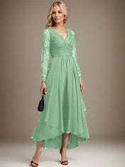 A-line V-Neck Asymmetrical Lace Chiffon Mother of the Bride Dress