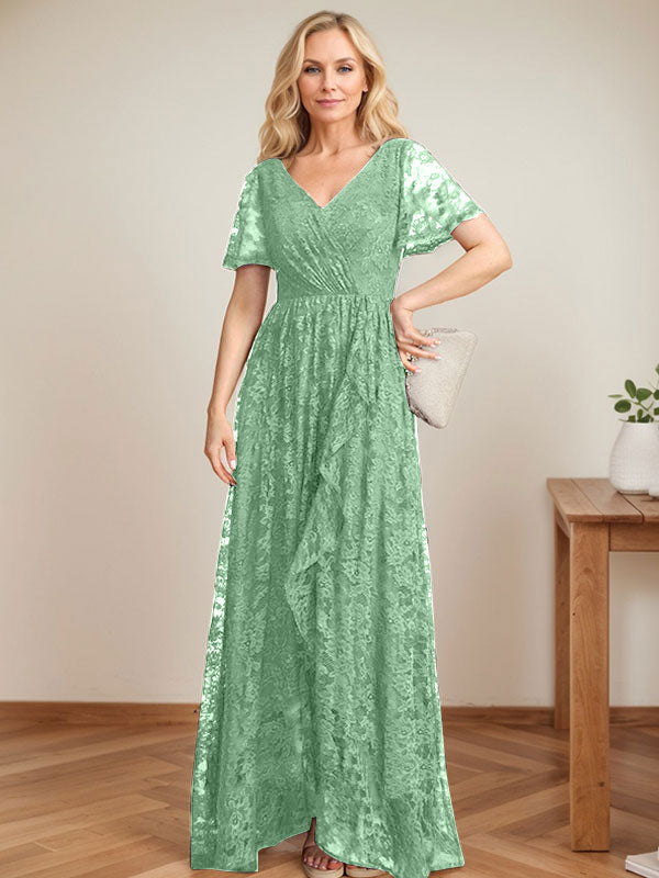 A-Line V-Neck Asymmetrical Lace Mother of the Bride Dress With Cascading Ruffles