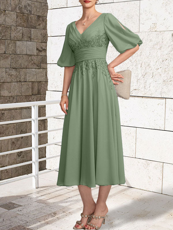 A-line V-Neck Tea-Length Lace Chiffon Mother of the Bride Dress With Pleated