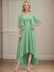 A-line V-Neck Asymmetrical Chiffon Mother of the Bride Dress With Beading Sequins