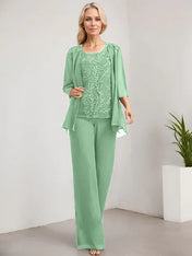 Separates Jumpsuit/Pantsuit Scoop Floor-Length Lace Chiffon Mother of the Bride Dress With Sequins