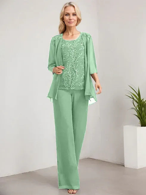 Pantsuit Scoop Floor-Length Lace Chiffon Mother of the Bride Dress With Sequins