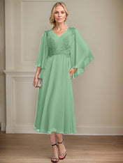 A-line V-Neck Tea-Length Chiffon Lace Mother of the Bride Dress With Beading Sequins