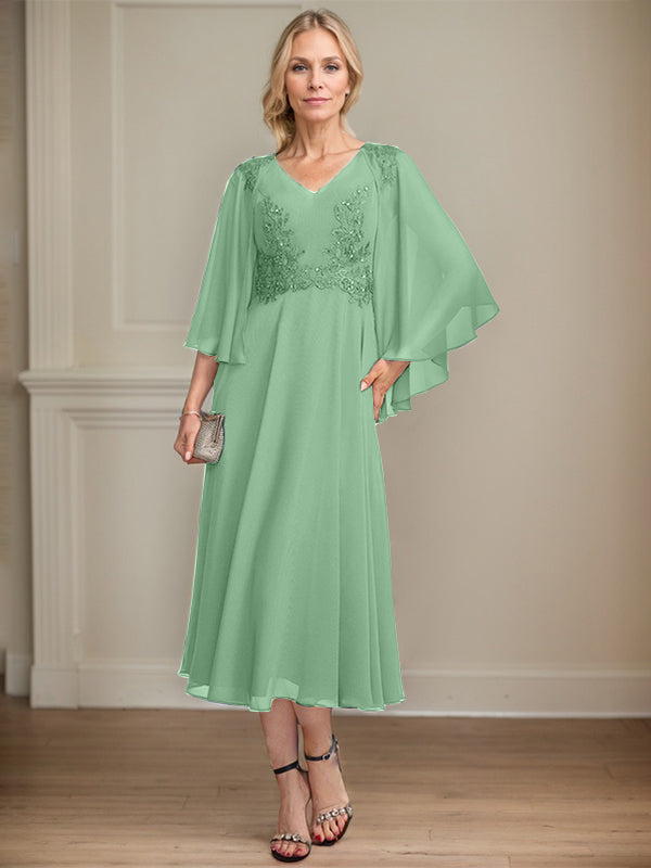 A-line V-Neck Tea-Length Chiffon Lace Mother of the Bride Dress With Beading Sequins