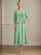 A-line Scoop Tea-Length Lace Chiffon Mother of the Bride Dress