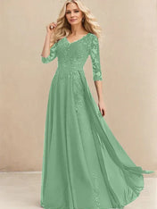 A-line V-Neck Floor-Length Lace Chiffon Mother of the Bride Dress With Sequins