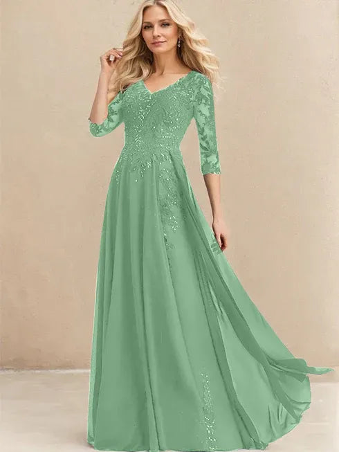 A-line V-Neck Floor-Length Lace Chiffon Mother of the Bride Dress With Sequins