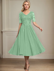 A-line V-Neck Tea-Length Lace Chiffon Mother of the Bride Dress With Sequins