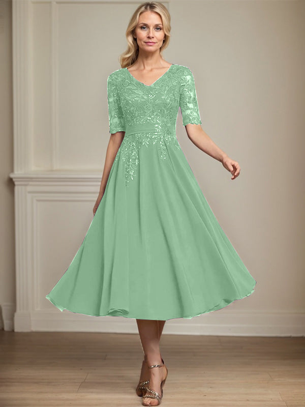 A-line V-Neck Tea-Length Lace Chiffon Mother of the Bride Dress With Sequins