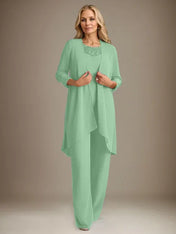 Chiffon Scoop Long Sleeves Mother Of The Bride Pantsuits With Jacket