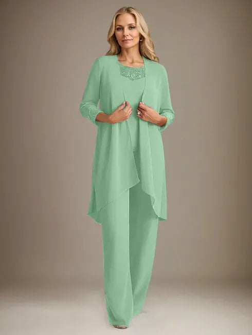 Chiffon Scoop Long Sleeves Mother Of The Bride Pantsuits With Jacket