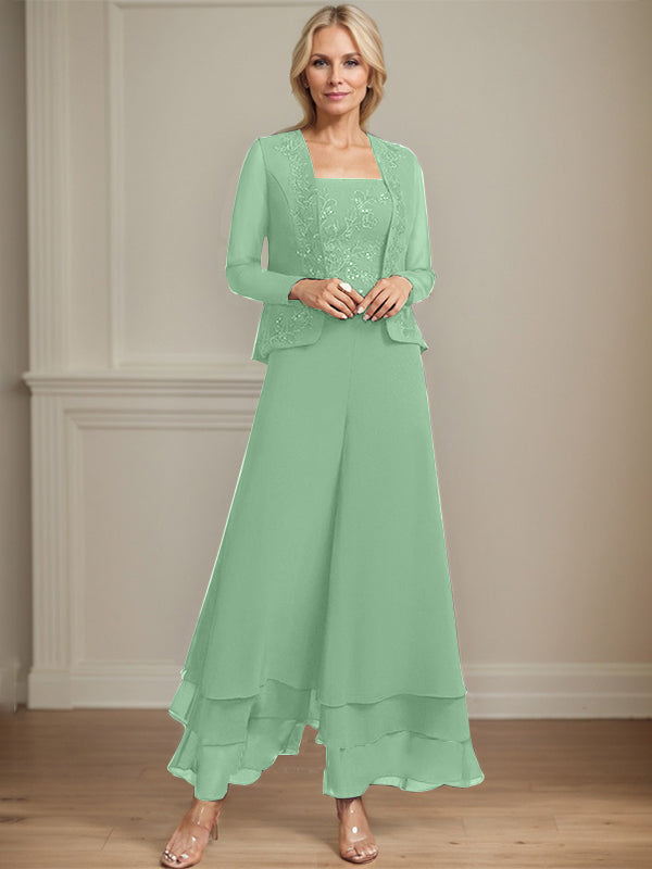 Robe de mère de la mariée en mousseline de soie, longueur cheville, avec sequins, combinaison/tailleur carré 