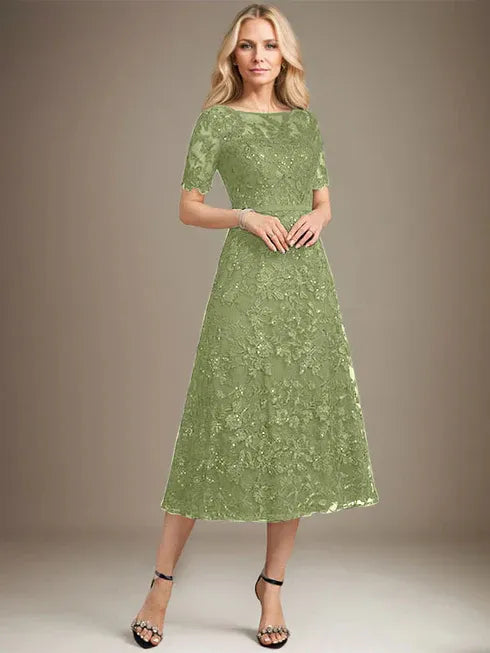 A-line Scoop Illusion Tea-Length Lace Mother of the Bride Dress With Sequins