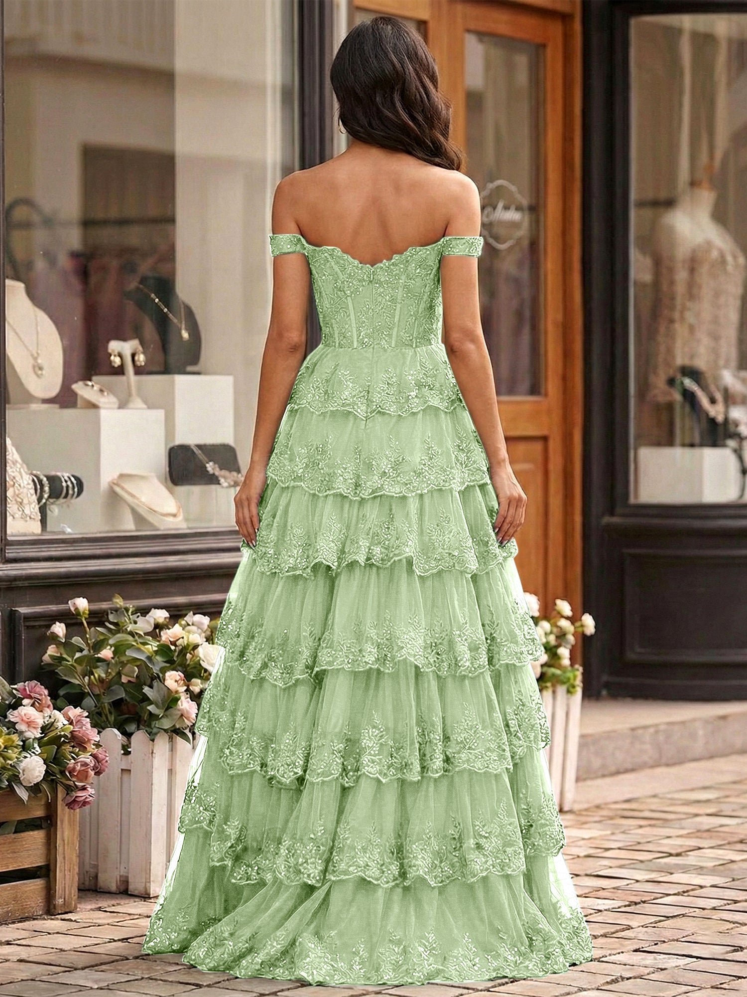 Emerald Green Lace Corset Tiered Ruffle Long Prom Dress with Slit