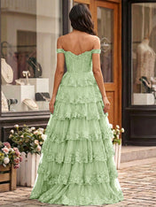 Emerald Green Lace Corset Tiered Ruffle Long Prom Dress with Slit