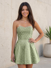 Baby Blue All Over Pearl Strapless Satin A-Line Mini Homecoming Dresses