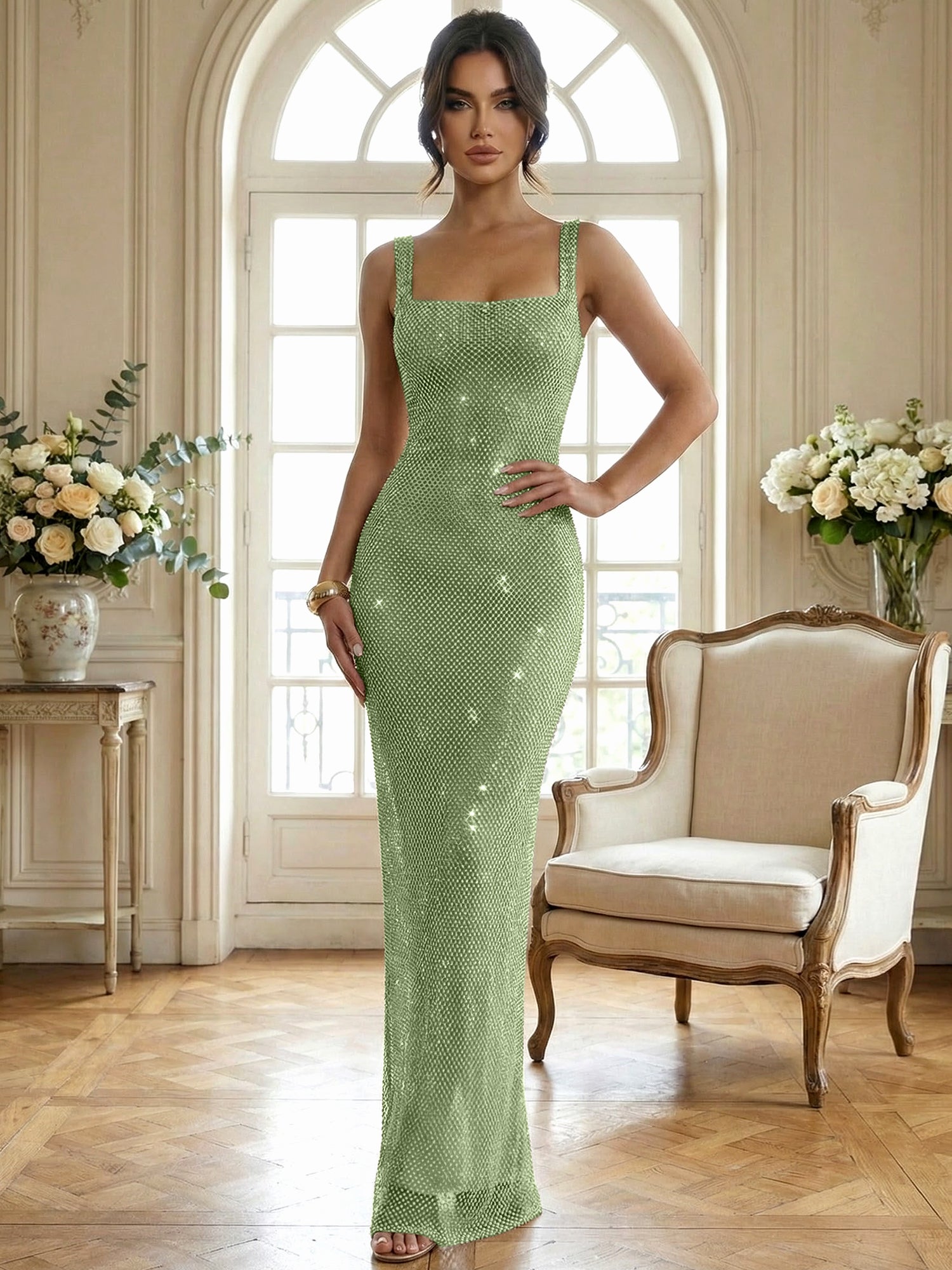 Sparkly Champagne Crystal Mesh Square Neck Long Prom Dress