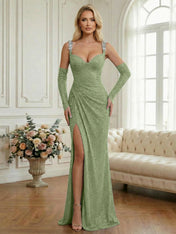 Light Blue Sequin Mermaid Matching Opera Gloves Long Prom Dress with Slit