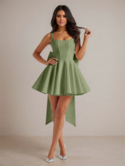 A-Line Square Neck Pleated Mini Homecoming Dress with Bow