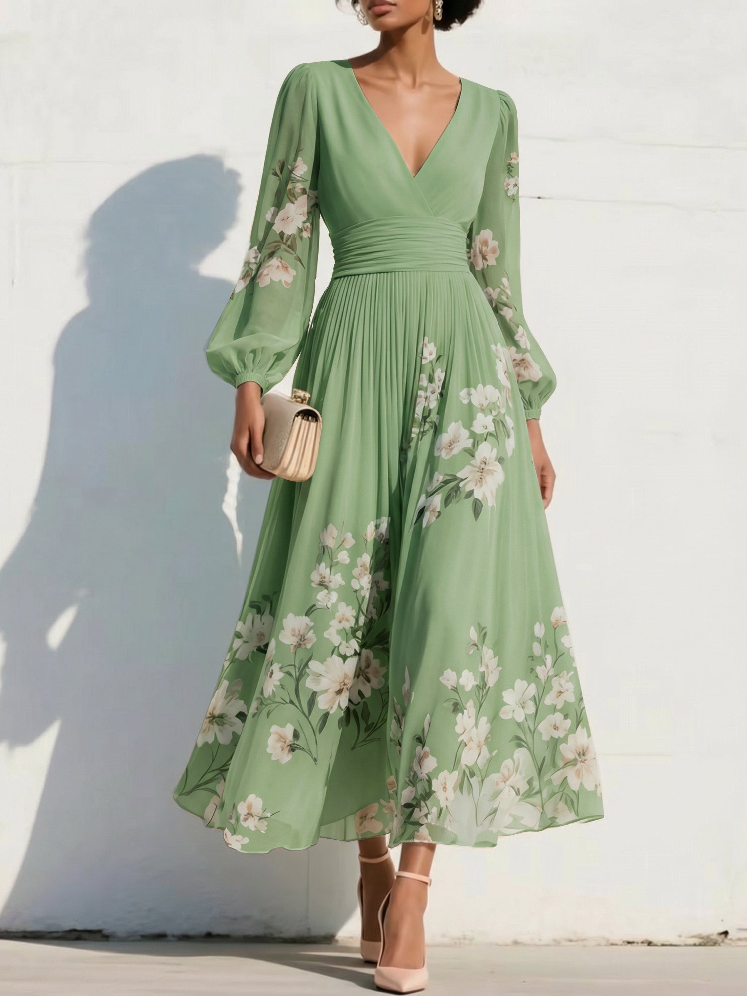 Elegant Floral V-Neck Pleated Midi Dress with Long Sleeves