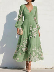 Elegant Floral V-Neck Pleated Midi Dress with Long Sleeves