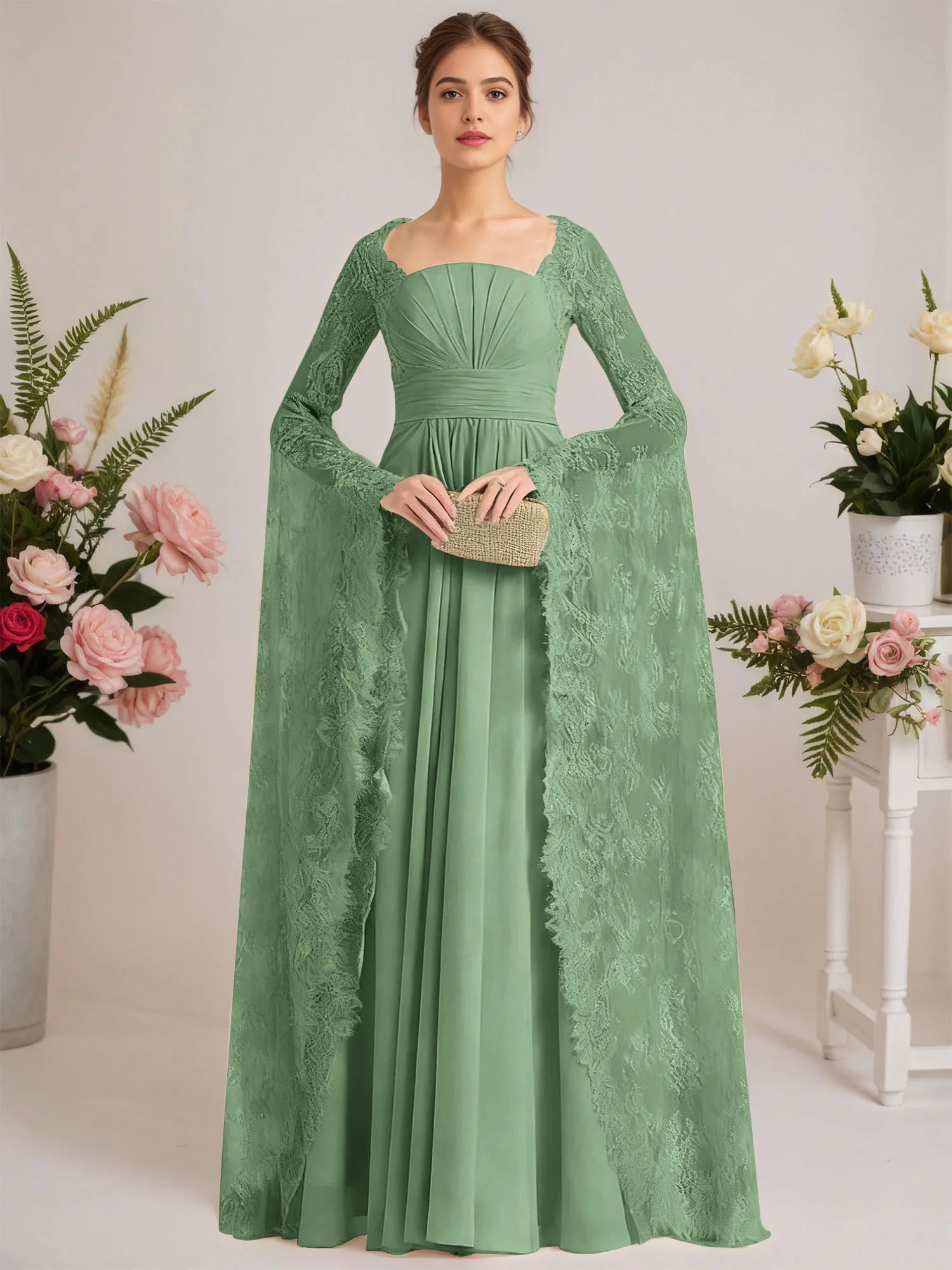 A-line Square Floor-Length Chiffon Lace Evening Dress With Beading Pleated