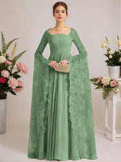 A-line Square Floor-Length Chiffon Lace Evening Dress With Beading Pleated