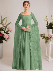 A-line Square Floor-Length Chiffon Lace Evening Dress With Beading Pleated
