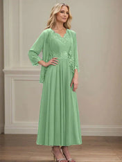 A-line V-Neck Ankle-Length Chiffon Mother of the Bride Dress With Sequins Appliques Lace Beading