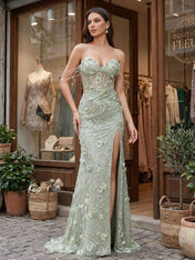 Sage Green 3D Floral Corset Prom Dress with Pearl Drapes