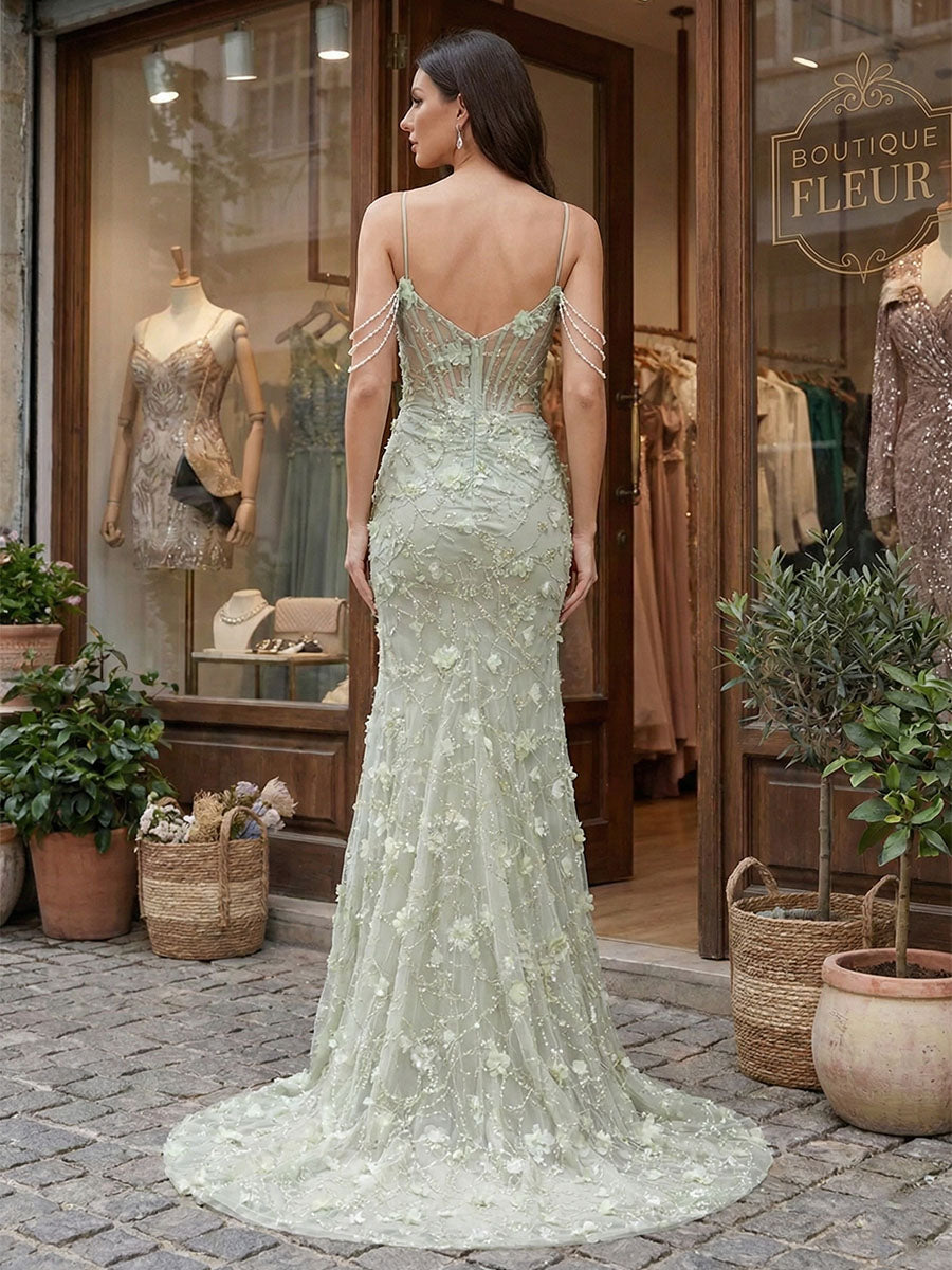 Sage Green 3D Floral Corset Prom Dress with Pearl Drapes