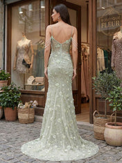 Sage Green 3D Floral Corset Prom Dress with Pearl Drapes