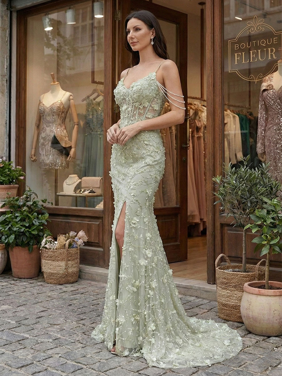 Sage Green 3D Floral Corset Prom Dress with Pearl Drapes