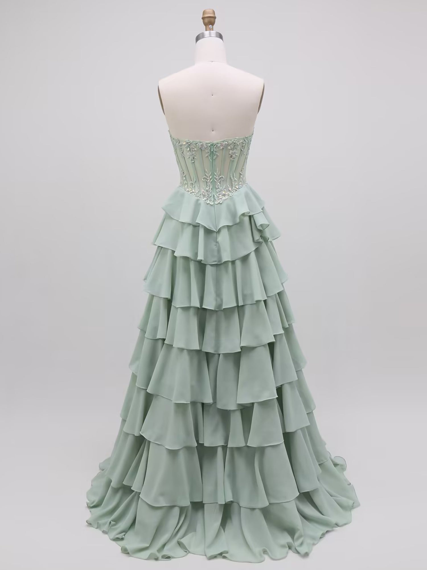 Sage Green A Line Strapless Corset Tiered Ruffle Prom Dress