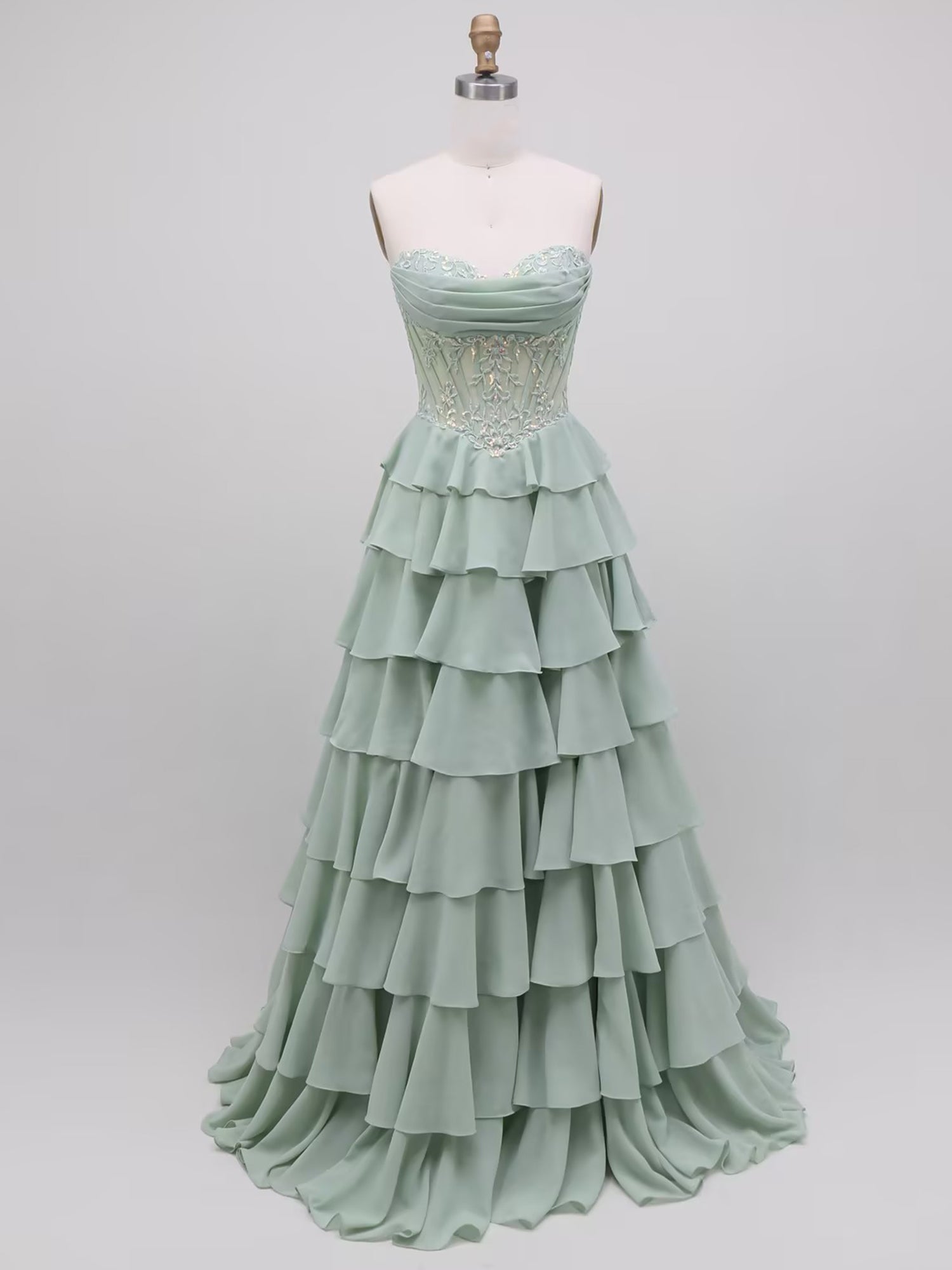 Sage Green A Line Strapless Corset Tiered Ruffle Prom Dress