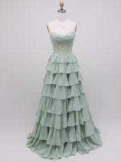 Sage Green A Line Strapless Corset Tiered Ruffle Prom Dress