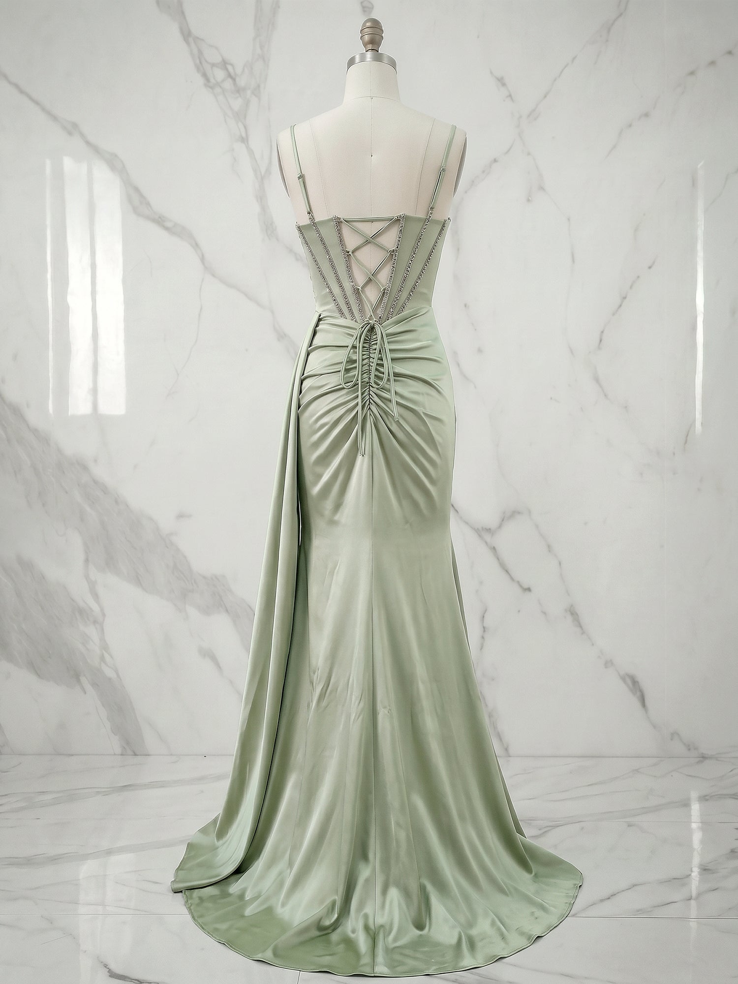 Sage Green Beaded Basque Corset Satin Long Prom Dress with Slit