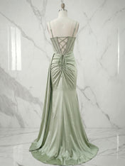 Sage Green Beaded Basque Corset Satin Long Prom Dress with Slit