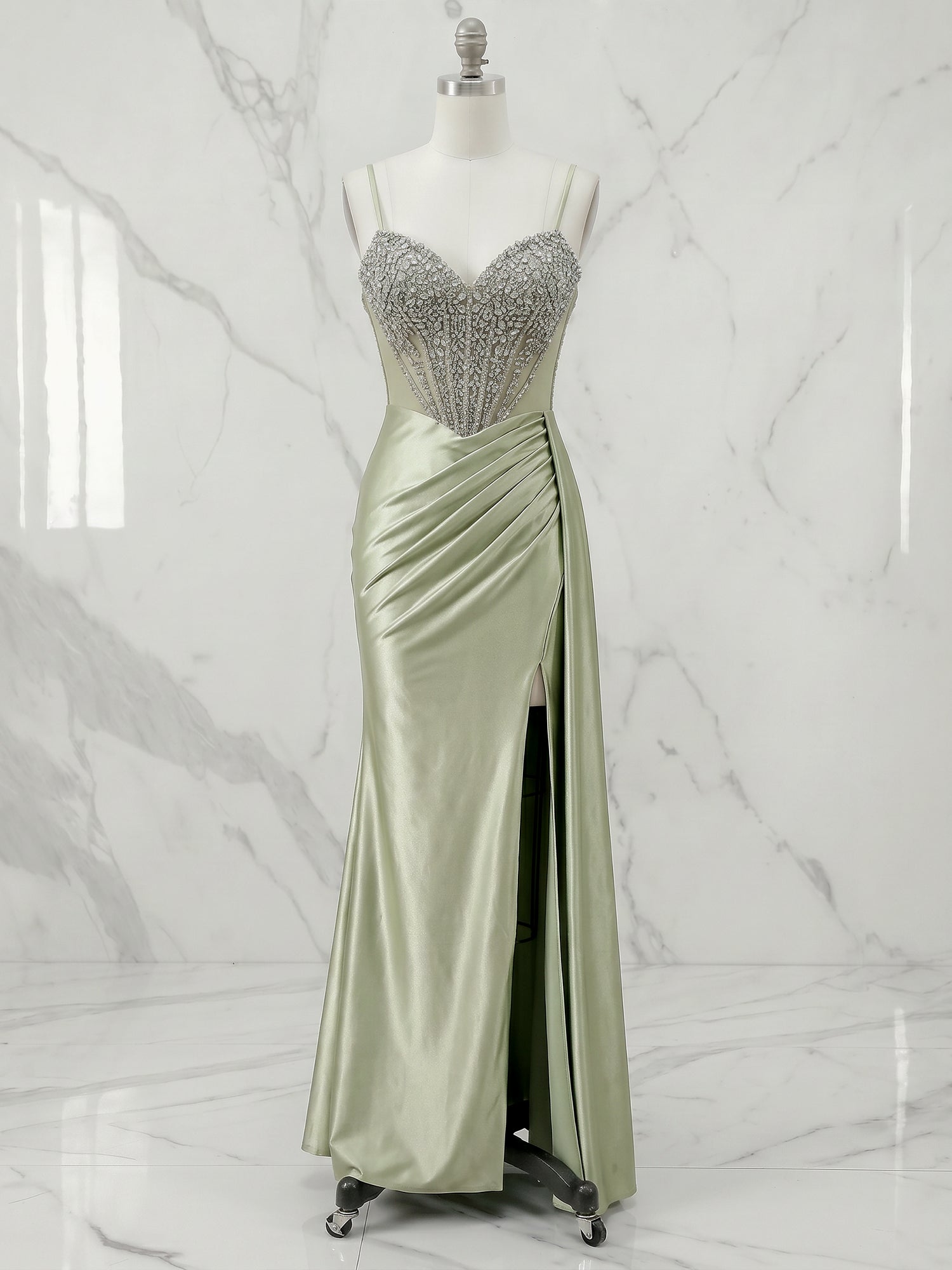 Sage Green Beaded Basque Corset Satin Long Prom Dress with Slit