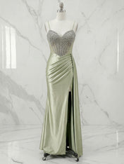 Sage Green Beaded Basque Corset Satin Long Prom Dress with Slit