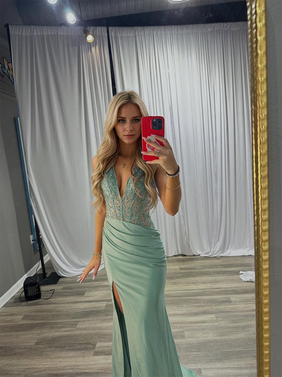 Sage Green Beaded Bodice Satin Slit Prom Dresses