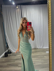 Sage Green Beaded Bodice Satin Slit Prom Dresses