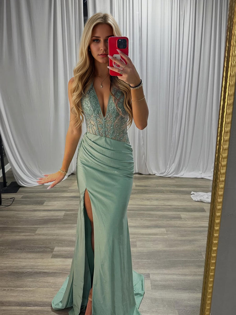 Sage Green Beaded Bodice Satin Slit Prom Dresses