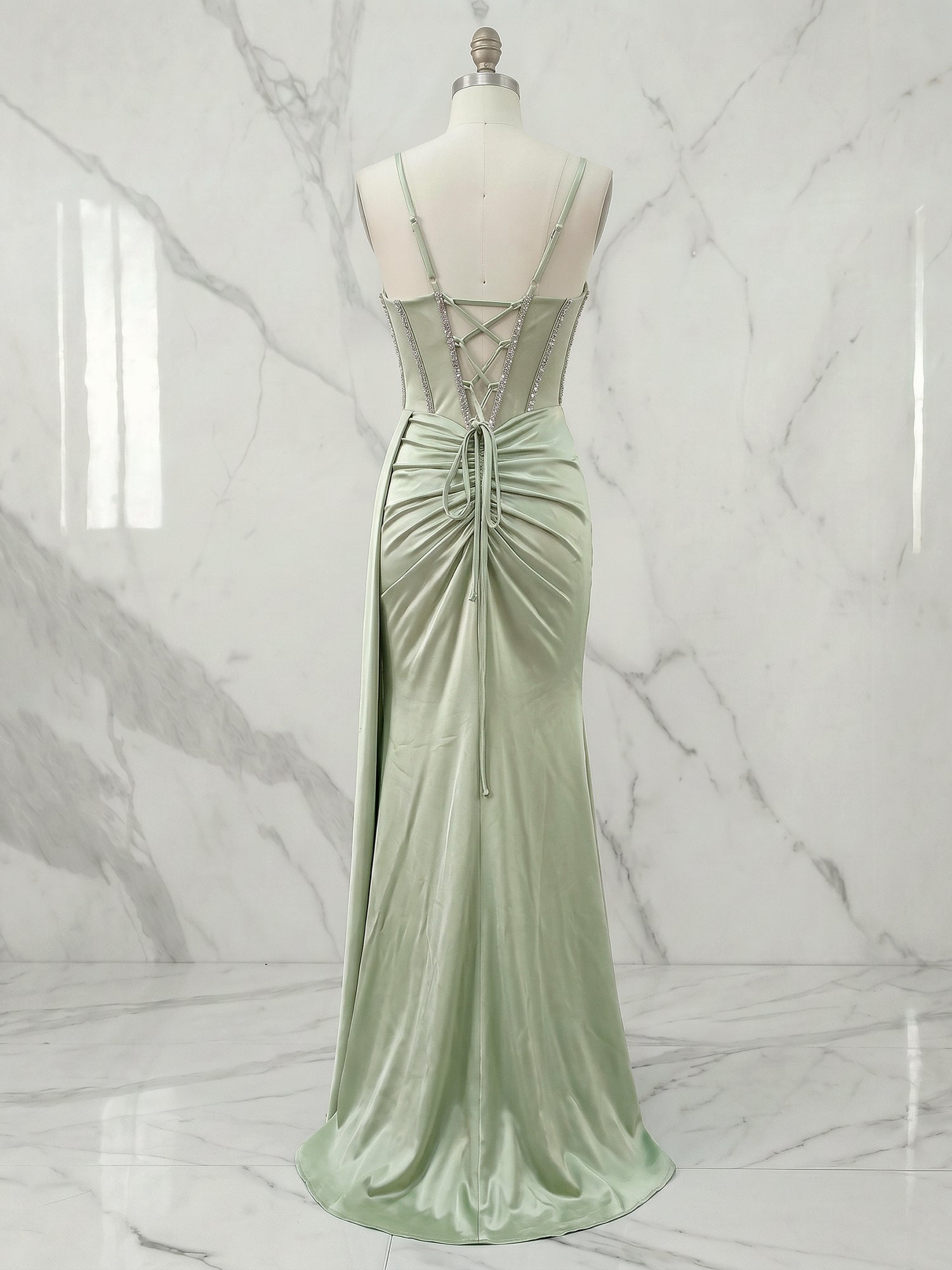 Sage Green Beaded Corset Satin Long Prom Dress with Slit
