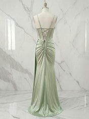 Sage Green Beaded Corset Satin Long Prom Dress with Slit