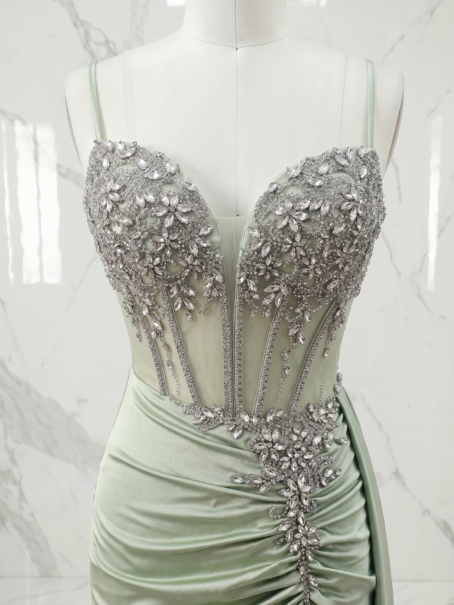Sage Green Beaded Corset Satin Long Prom Dress with Slit